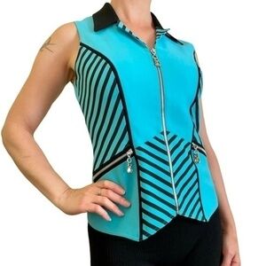 Vintage Alberto Makali New York Turquoise Striped Zipper Sleeveless Blouse Vest